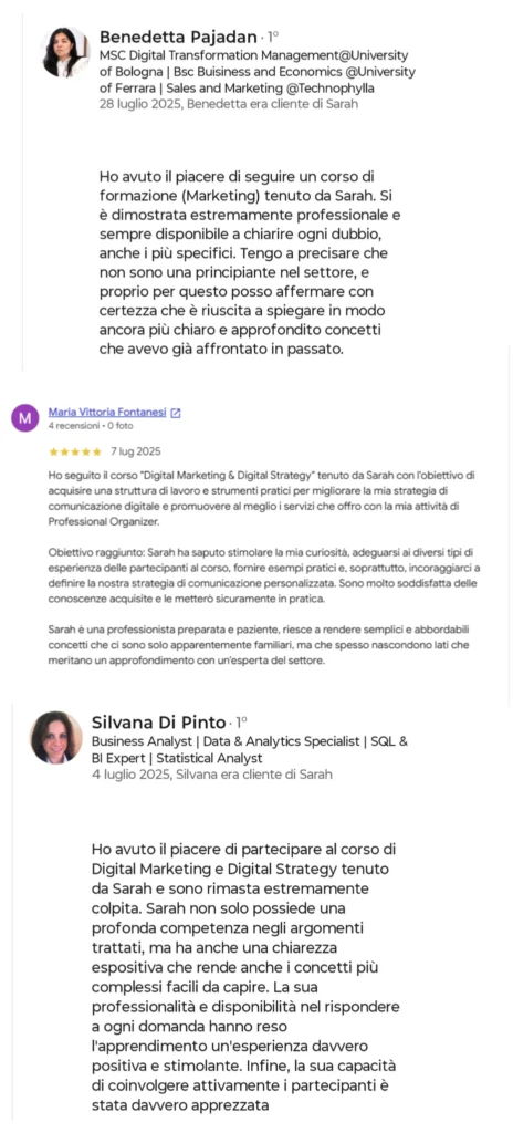 screen di recensioni di persone che hanno partecipato ai corsi di formazione su comunicazione, marketing, e social