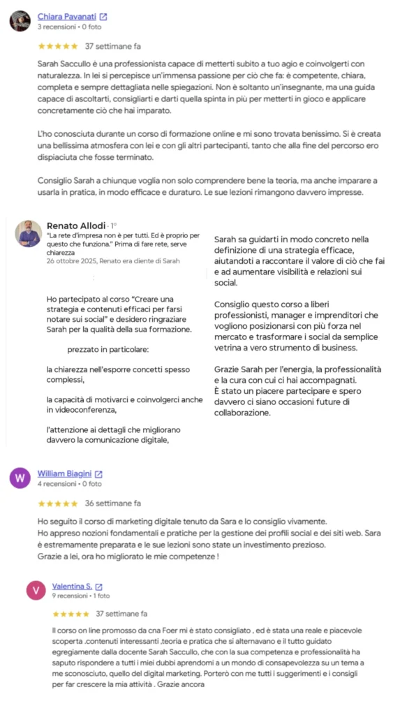 screen con recensioni di partecipanti ai corsi di formazione